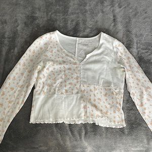 American Eagle Ruffled Floral White Cropped Long Sleeve